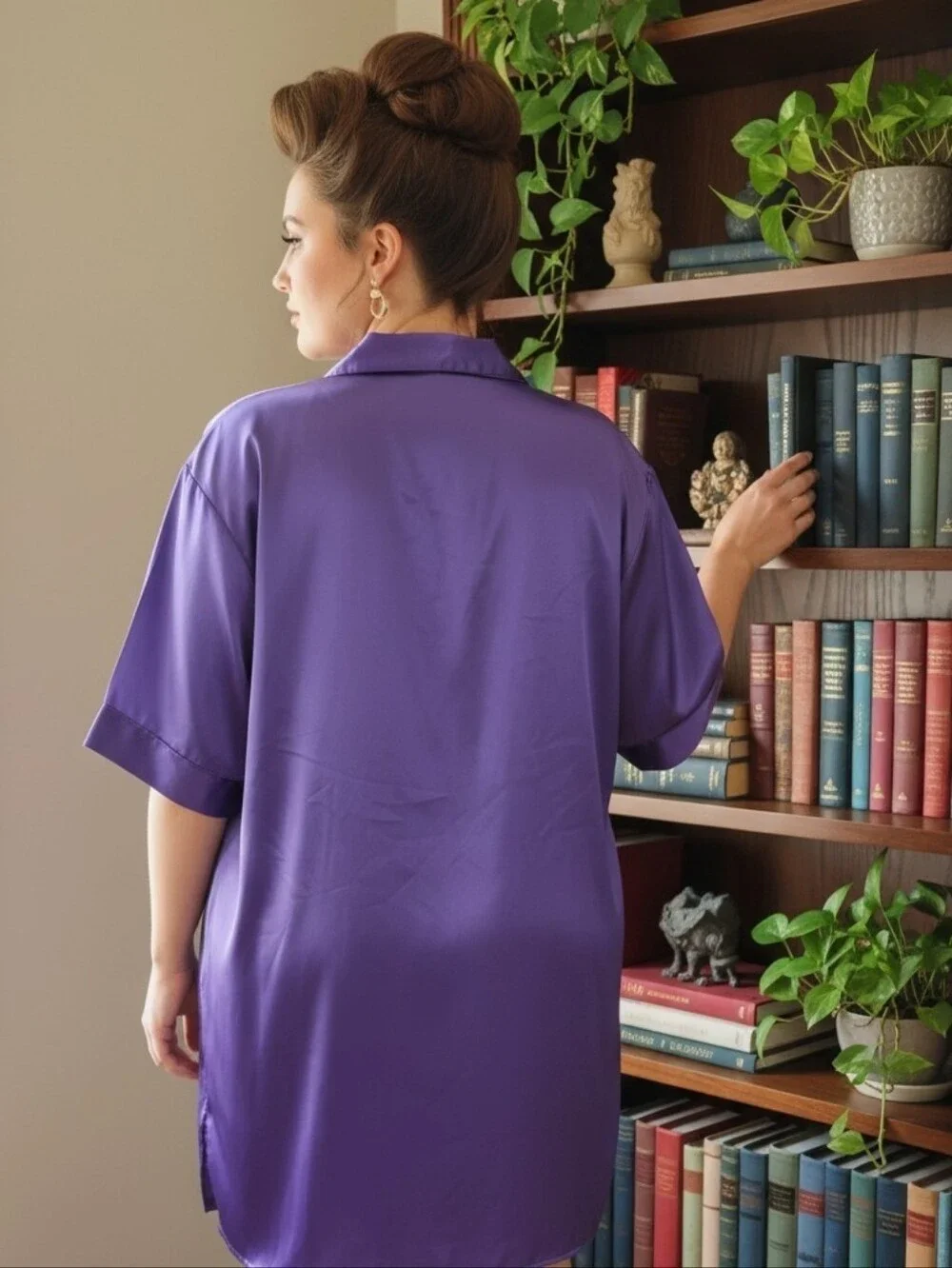 Shadowline Elegant Purple Satin Button Front Chest Pocket Sleep Shirt Size 2X